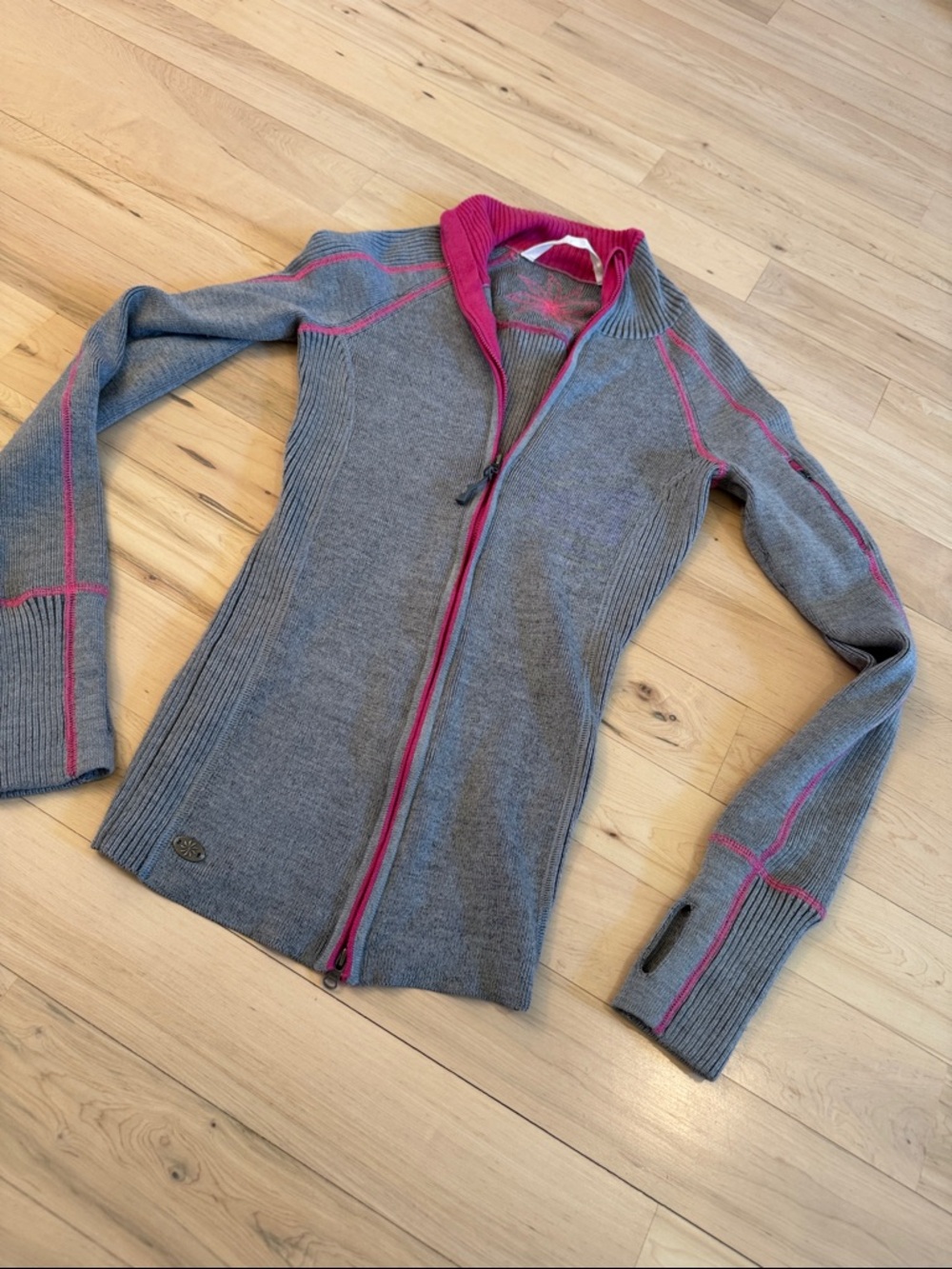 Athleta Gray Pink Contrast Stitched Wool Blend Ribbed  Zipper-Jacket--Layer-XS